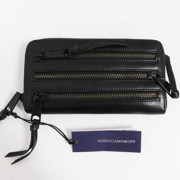 New‎ Rebecca MinkoffBlack Leather Three Zip Around Large Clutch Wallet